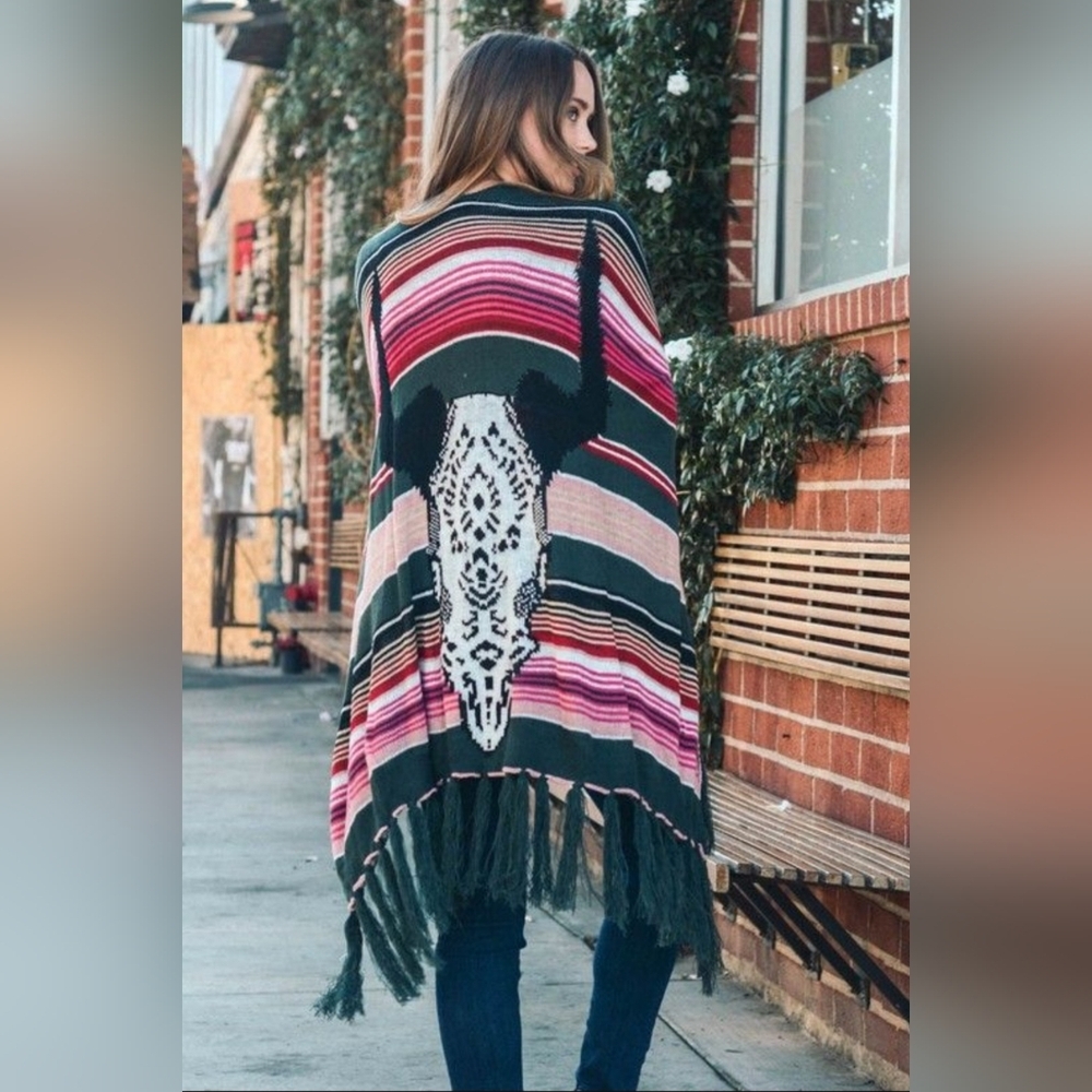 ​Bohemian Cow Skull Serape Ruana Shawl - Teal & Pink Striped - Picture 4 of 4